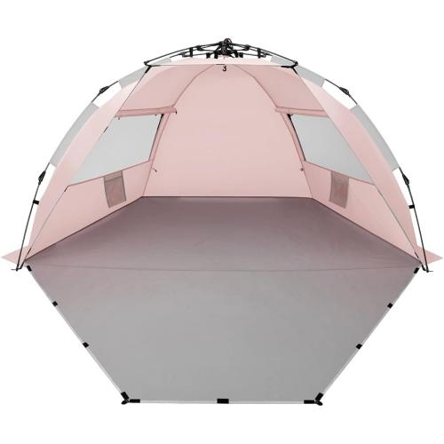 X-Large 4-Person UV Beach Tent with 6 Sand Pockets, Pink | Quick setup shade includes a carrying bag, stakes and weighted corners for windy days, fishing trips, hiking and camping.