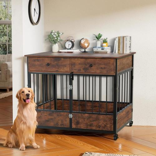 44.5 Dog Crate Furniture, Wooden Dog Kennel with Storage Drawers, Large Dog Cage with Wheels, Heavy Duty Wooden Dog Crate End Table with Steel Tubes for Big Breed