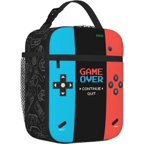 Game Insulated Lunch Box,Game Console Kids Lunch Bag For Boys Girls,Reusable Portable Kids Boys Gamer School Lunch Box With Detachable Handle (Game Neon Red & Blue)