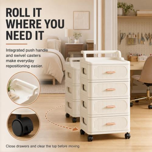 Rolling Storage Cart with 4 Drawers, Plastic Cabinet with Wheels, Raised-Edge Top and Push Handle, Mobile Organizer for Bedroom, Bathroom, Craft Room, Cream, 17.7 x 11.8 x 31.9 in