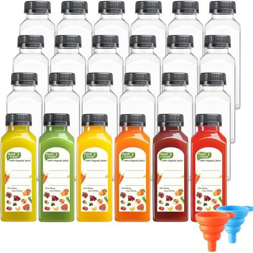 24 PACK, 12 OZ Reusable Thicker Plastic Juice Bottles with Caps, Leakproof