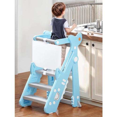 VBABY Foldable Toddler Tower, Plastic Kitchen Stool Helper for Kids, Adjustable Height Standing Tower, Certified Toddler Step Stool, Blue