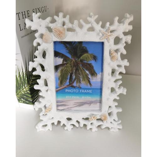 4x6 Coral Shell Picture Frame, White Resin Beach Decor