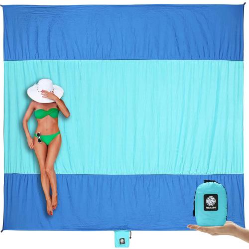 WEKAPO Beach Blanket Sandproof Waterproof, Extra Large Beach Mat, Oversized & Compact Sand Free Mat Quick Drying, Lightweight & Durable with 6 Stakes & 4 Corner Pockets