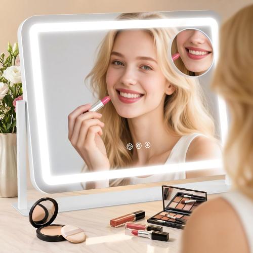Vanity Mirror with Lights 22x17, Lighted Makeup Mirror with 10X Magnification 4.5, 3 Color Dimmble Lights, Touch Control, 360° Rotation, Metal Frame, Women's Gift, For Bedroom/Dressing Room, White