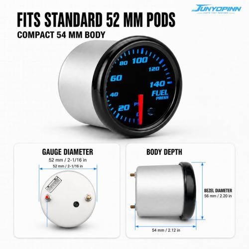 2''52mm Fuel Pressure Gauge 0-140 PSI with Sensor Tinted 7 Color Gauge Kit