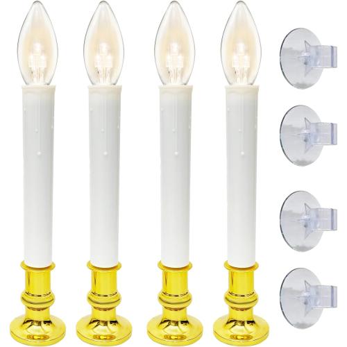 4 Pack Christmas Battery Operated Window Candles with Timer (6-18H), Wireless Window Candle Light with Gold Candlestick Base, C26 LED Bulb Candle Lamp for Home Party Valentines Decor, 4 Suction Cups