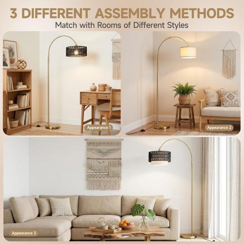 Arc Floor Lamp for Living Room with 12W Bulb,61.5-71.5 Height Adjustable Rattan Floor Lamps with 3 Color Temps, Farmhouse Arched Standing Lamp,Boho Floor Lamp, Arched Floor Lamps for Bedroom, Office