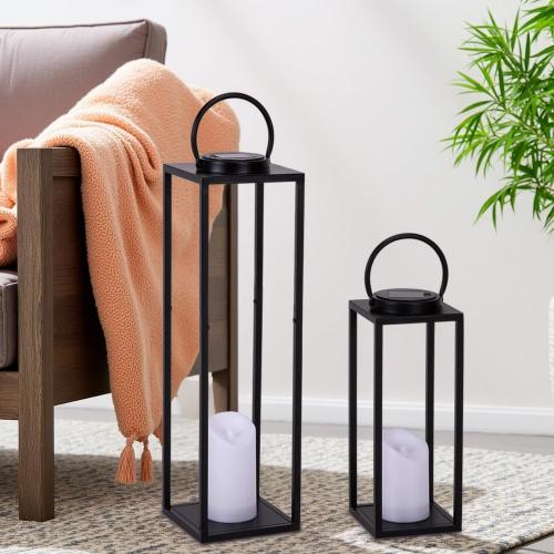 Large Solar Outdoor Lanterns, 25 16 Tall Farmhouse Black Metal Waterproof Decorative Lanterns with Solar Candles for Front Porch, Patio, Christmas, Fall Decor- Set of 2
