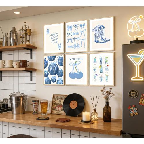 Blue Coquette Preppy Poster Wall Art,6 Pcs Aesthetic Painting Picture Wall Decor,Cowboy Boots Disco Ball Cocktail Cherry Canvas Print Artwork,for Girls Bedroom Dorm Room Home Decoration Unframed
