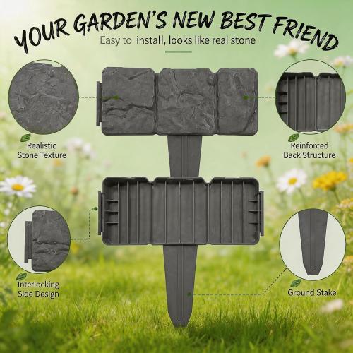 Imitation Stone Garden Fence Edging, Interlocking Plastic Landscape Border Panels for Flower Bed Lawn Path Yard Decor (Black,10pcs)