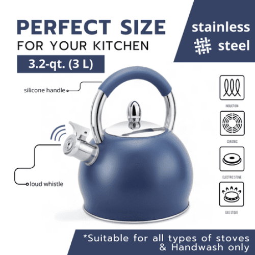 HausRoland Stainless Steel Whistling Kettle with Ergonomic Silicone Handle 3.2 Qt (3 L) Tea Kettle for Stove Top Blue