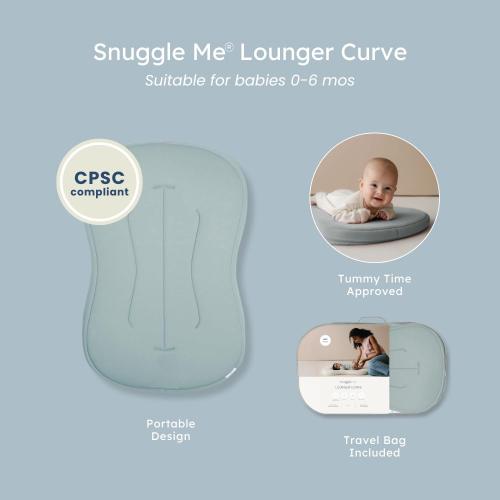 snuggle me® Baby Lounger Curve (0-6 Months) - Premium Organic Cotton with Foam Core, Machine-Washable Cover, Buttery-Soft & Breathable CSPC Compliant Infant Lounger Baby Nest with Travel Bag - Slate