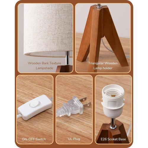 14.2 in. Light Brown Wooden Base Table Lamp Set with Beige Shade and Tripod (Set of 2)