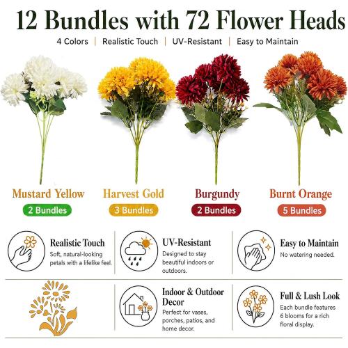12Pcs Artificial Fall Mums for Outdoors, UV Resistant Fake Silk Mums