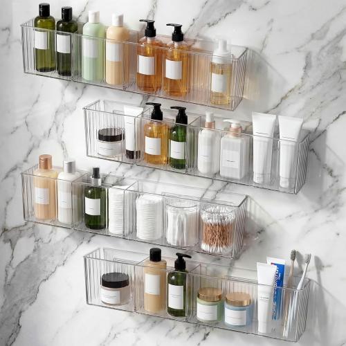 Briwooody 4 Pack Bathroom Wall Makeup Organizer Plastic Wall Mount Storage Organizer Clear No Drilling Hang Walls Adhesive Shower Shelf Cabinet Shelves with 3 Compartments for Bathroom Kitchen