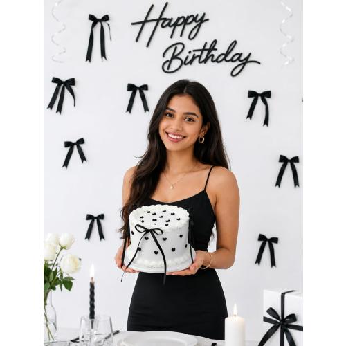 USED ‼️ 6 Inch Black Bow Fake Cake, White Round Artificial Cake Decor Black Bow-round