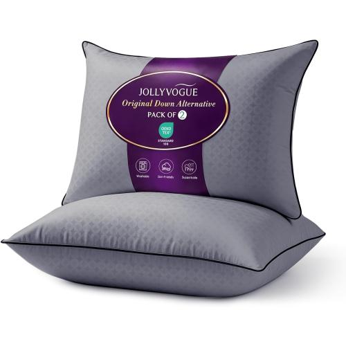 JOLLYVOGUE Grey Pillows Queen Size Set of 2, Supportive Firm Bed Pillows with Oeko-Tex Certified Soft Down Alternative Fill, Fluffy Luxury Hotel Quality for Back, Stomach and Side Sleepers