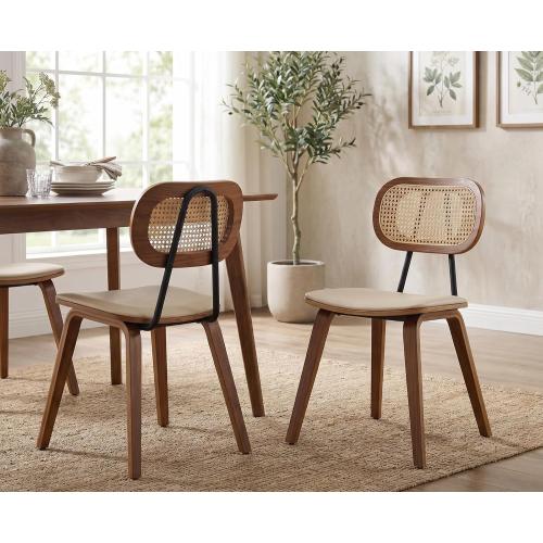 CIMOTA Mid Century Modern Dining Chairs Set of 2, Rattan Back Kitchen Chairs with Solid Wood Frame, Upholstered Faux Leather Seat, Armless Cane Dining Room Chair for Kitchen, Farmhouse, PU Beige