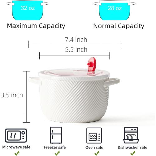 Ceramic Soup Bowl with Lid & Handle, Microwave Safe 32 oz, White