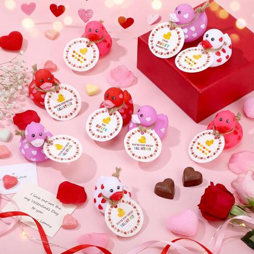 Jerify 12 Pcs 2 Inch Mini Valentine Rubber Duckies with Gift Cards Valentine's Day Heart Rubber Ducks Bath Toys for Classroom Exchange Carnival Party Favors Game Prize