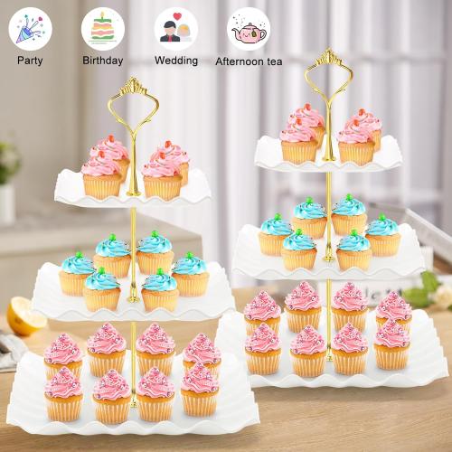 Coitak 3 Tier Cupcake Stand, Plastic Tiered Serving Stand, Square Dessert Tray for Tea Party, Baby Shower and Wedding (Pure White)