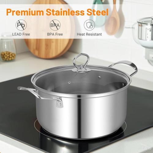 12 Piece Pots & Pans Set, Stainless Steel Cookware Set with Tempered Glass Lids, Handles & 3-Ply Base, 4 Stockpots, 1 Frying Pan & 1 Sauce Pan for Stovetop, Induction, Halogen