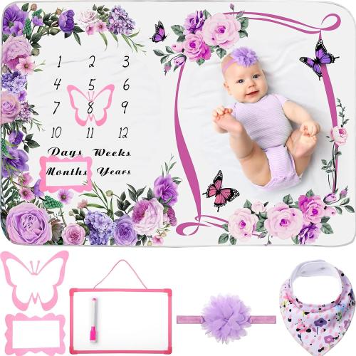 Chumia 6 Pcs Baby Monthly Milestone Blanket for Girl 60 x 40 Butterfly Milestone Blanket Age Photo Photography Backdrop with Newborn Calendar Growth Chart Bib Headband(Purple,Floral Pattern)