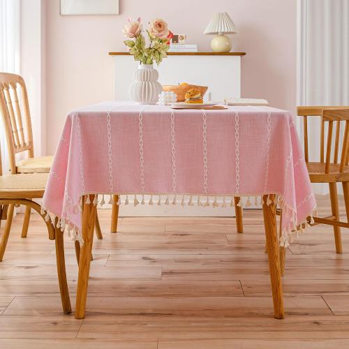 Pink Linen Table Cloth for Rectangle Table Burlap Tablecloth with Tassel Kitchen Dining Room Water Resistant Table Cloths 140x260 Inch