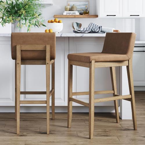 Nathan James Gracie Modern Upholstered Bar Chair, Wooden Bar Stool for Kitchen Island with Faux Leather Upholstery, Light Brown, Set of 2