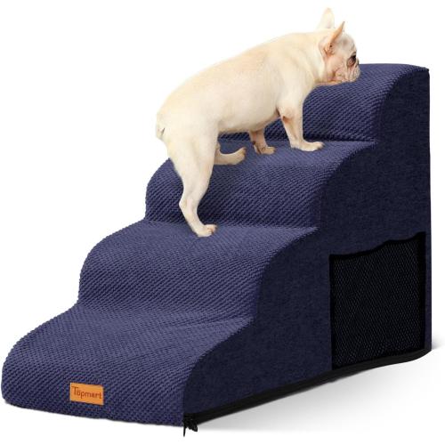 Dog Stairs for Small Dogs,4-Step,Foam Dog Steps&Ramps for Couch/High Beds with Waterproof &Removable Cover, Non-Slip, Blue