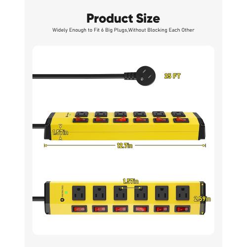 KeBen Heavy Duty Surge Protector,6 Outlets Individual Switches,25FT/15A