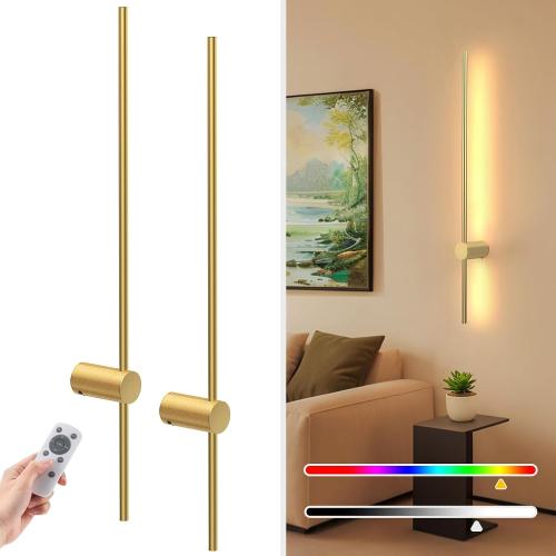 NIORSUN 35.4 Inch Battery Operated Wall Sconce Set of 2,Gold Minimalist Rechargeable LED Wall Lights with Remote, 10 Colors Dimmable Wireless Wall Sconce for Living Room Bedroom Hallway