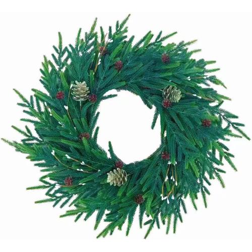 20 Inch Christmas Wreath for Front Door, Artificial Realistic Green Pine with Gold Pinecone, Door Wall Window Fireplace Party Decor