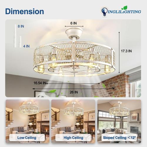 DLLT Caged Ceiling Fan with Lights: 26 Large Bladeless Fandelier with Light and Remote - Cement Industrial Chandelier Fan Light Semi Flush Mount Rustic Enclosed Fans Bedroom Dining Room Kitchen