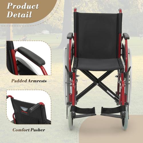 Athena Collection Wheelchair for Adult, Foldable Transport Wheelchair with 17 Width Seat 23.5 Rear Wheel, Wheel Chair with Flit-Back Armrest Swing-Away Footrest and Brake, Support 300 Lbs, Red