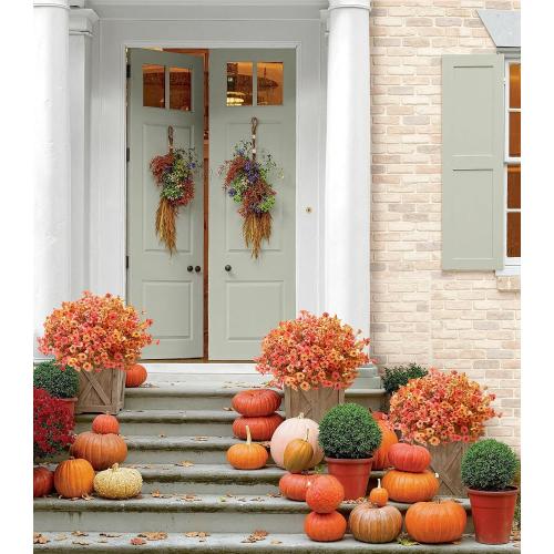Fall Flowers Artificial Mums for Outdoors Autumn Decor, 12 Bundles Fake Fall Mums with 1 pcs Burgundy Grass UV Resistant Realistic Faux Flowers for Outside Home Porch Patio Planter Yard, Orange Yellow
