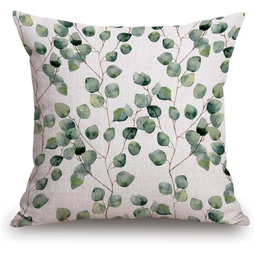TSSOHU Pillow Cover 18x18in, Watercolor Green Floral Leaf Eucalyptus Round Leaves Succulent Pattern Branches Pillows Soft Decorative Square Couch Pillow Covers ，Home Decor for Sofa Bedroom Car Couch