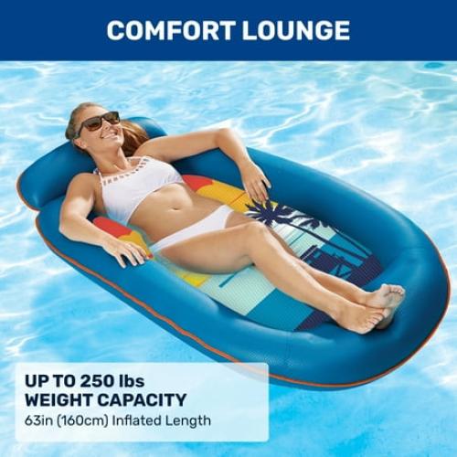 Aqua Comfort Inflatable Pool Float Lounge with Headrest & Footrest for Adults, Blue/Orange Surfer Sunset