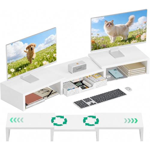 OPNICE Dual Computer Monitor Stand Riser, Desk Organizer with Drawer, Office Desk Accessories & Workspace Organizers for Home Office Supplies, White