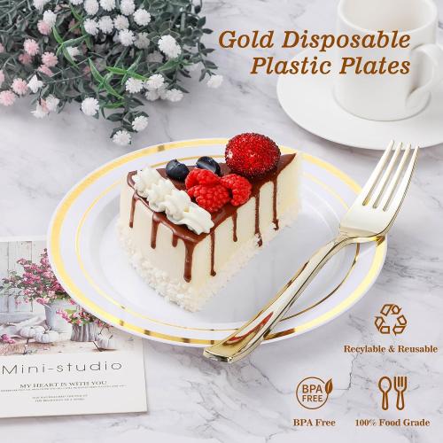 BESTVIP 100Pcs Gold Plastic Plates, 10.25 Inch Disposable Dinner Plates
