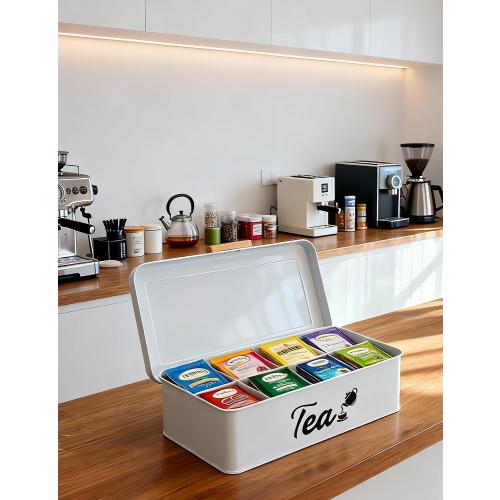 Farmhouse Tea Bag Organizer, Tea Bag Holder with 8 Compartments for Countertop, Tea Box Organizer with Wooden Handle for Home Kitchen
