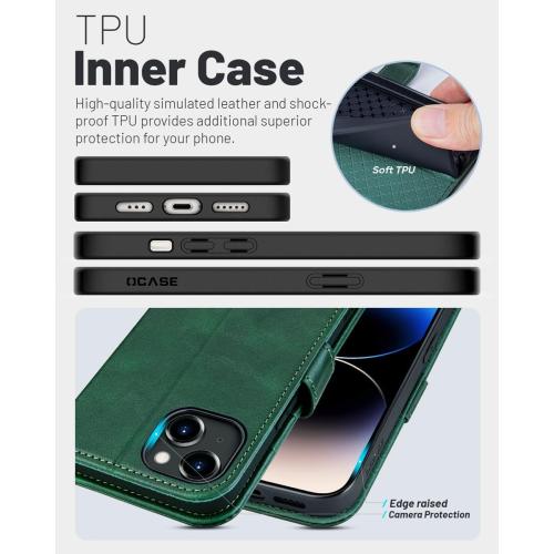OCASE for iPhone 15 Wallet Case, Card Holder, Blackish Green