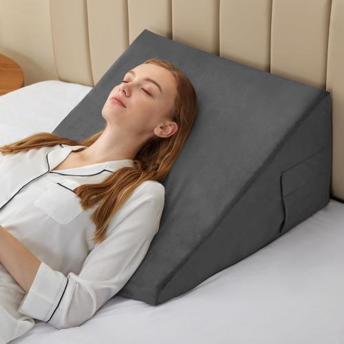 Wedge Pillow, 10 inch Bed Wedge Pillow for Headboard, Pillow Wedge for Acid Reflux Relief, Sleeping, After Surgery, Snoring, Gerd, Triangle Pillow Wedge - Cooling Memory Foam Top, Plush Grey
