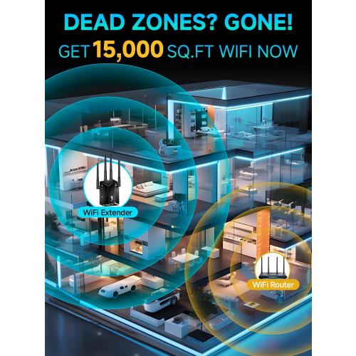 WiFi Extender Signal Booster for Home, Covers Up to 18,000 Sq Ft, Long Range Wireless Internet Repeater with Ethernet Port, Eliminates Dead Zones, Reduces Buffering, Supports 65  Devices, 1-Tap Setup