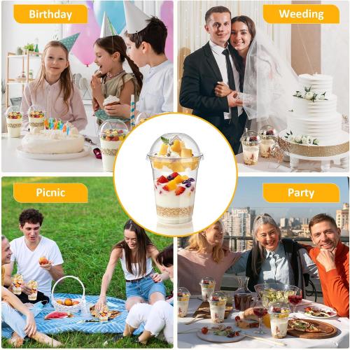 DI QIU REN 50pcs 12oz Clear Parfait Plastic Cups with Dome Lids & Spoons