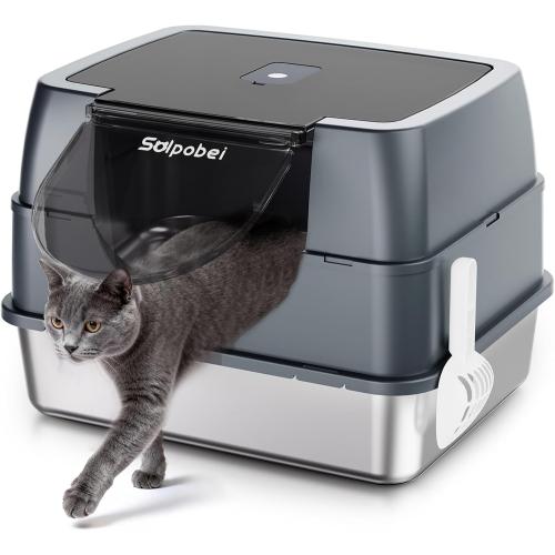 Solpobei Stainless Steel Cat Litter Box, Medium | Small cat pan with lid, 18.7 in length, deep high sided, odor control
