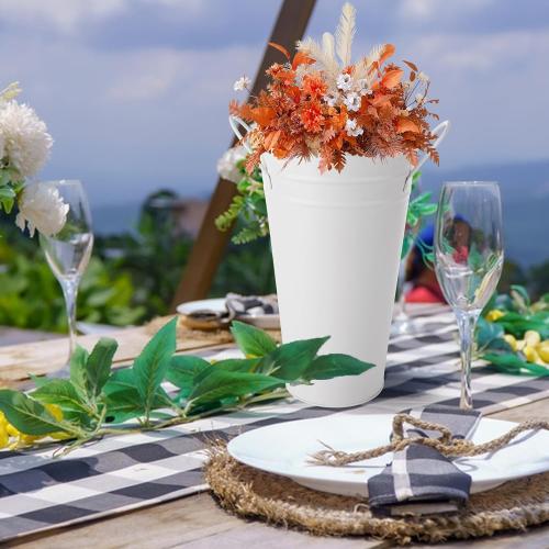 MIVIDE 6 Pack White Flower Buckets, 9.8 Inch Galvanized Metal Vases for Flowers, Flower Bucket with Handles, Farmhouse Vases for Wedding, Balcony Garden, Home Decor