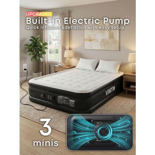 Queen Air Mattress with Built-in Pump, 16 Elevated Inflatable Bed for Home & Guests, Self-Inflating Blow Up Mattress with Flocked Top & Storage Bag, 660lb Max Weight, Matt Black