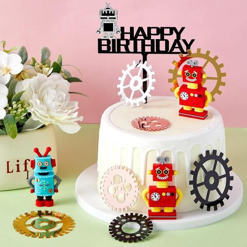 Jetec 11 Pcs Robot Birthday Cake Toppers Gear Cake Cupcake Decorations Robot Themed Birthday Party Decorations Figurine for Party Favors Supplies